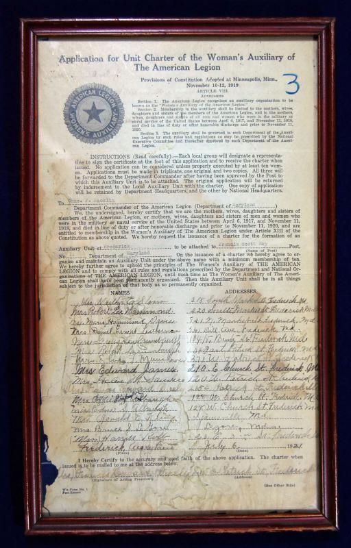 FSK Post 11 Frederick Maryland, FSK Unit 11 Auxiliary Charter The